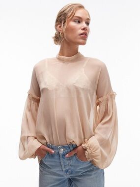 Topshop Bow Neck Sheer Long Sleeve Top
